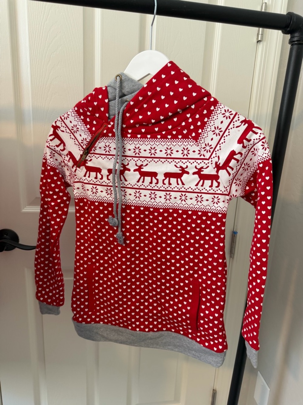 Red Holiday Reindeer Heart Print Double Hoodie